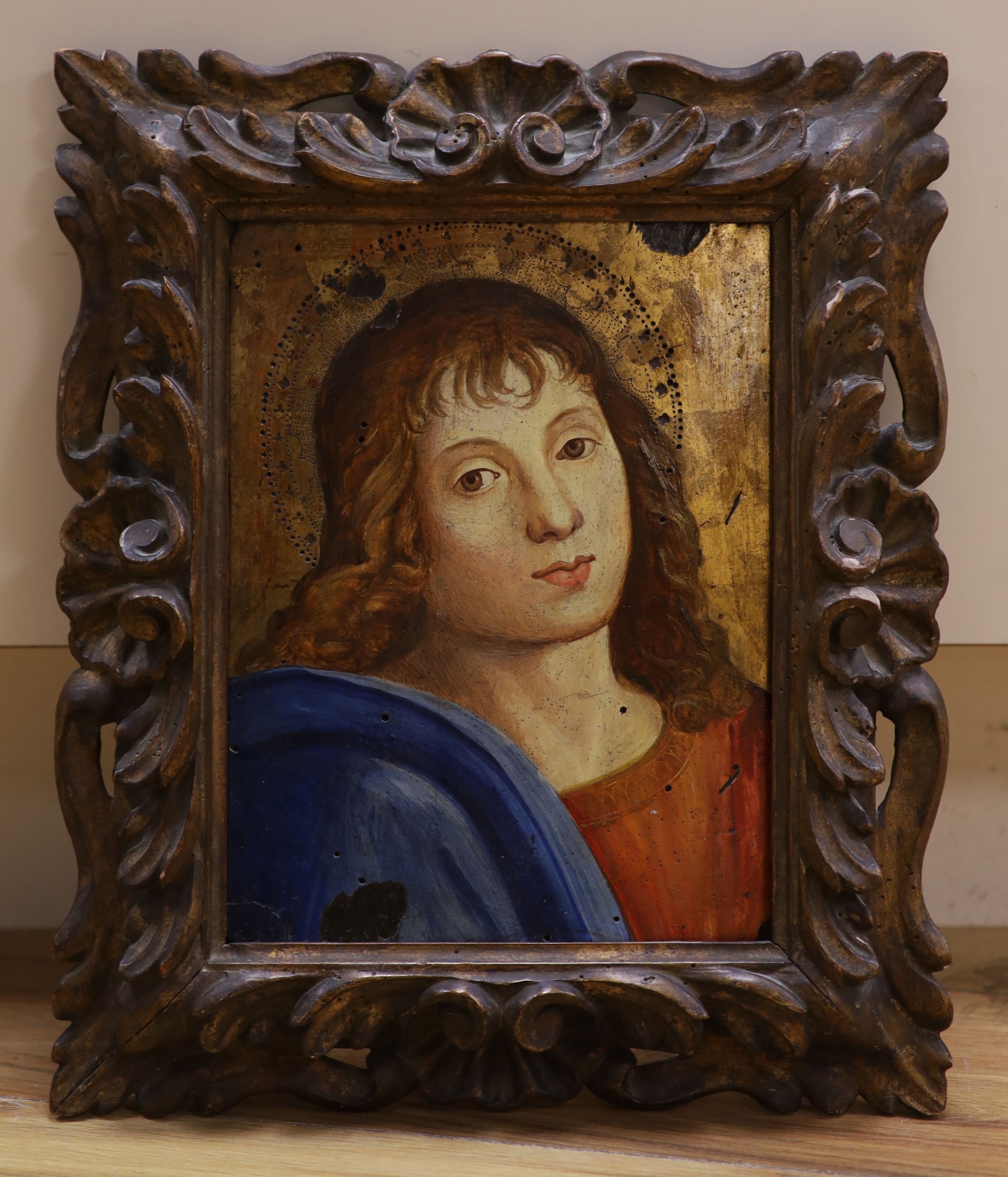 19th century Italian School. Study of a saint (in the 15th century style), oil on panel, in a carved giltwood Florentine frame, 10
